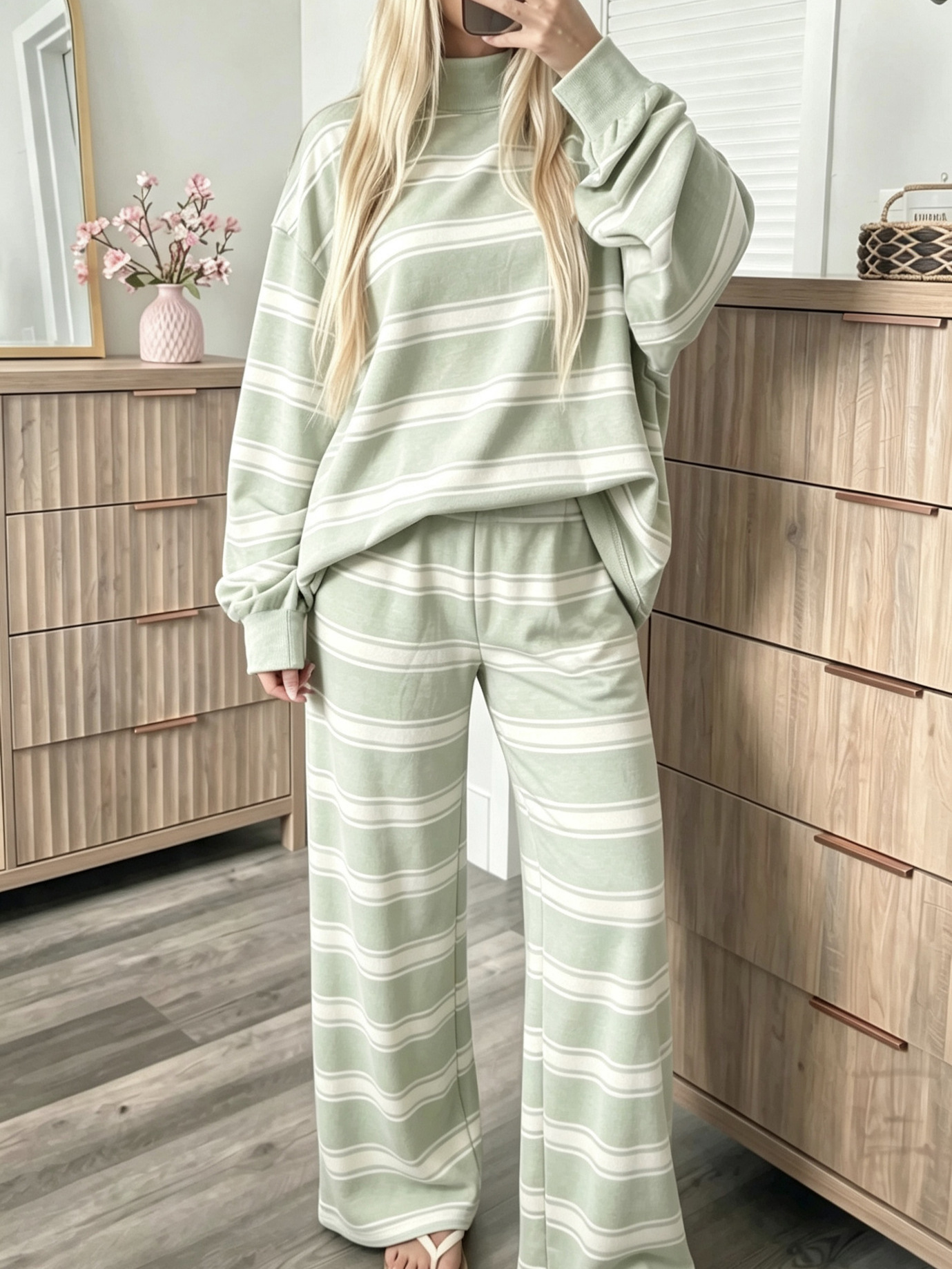 Striped Print Two-Piece Women's Casual Set Long Sleeve Crew Neck