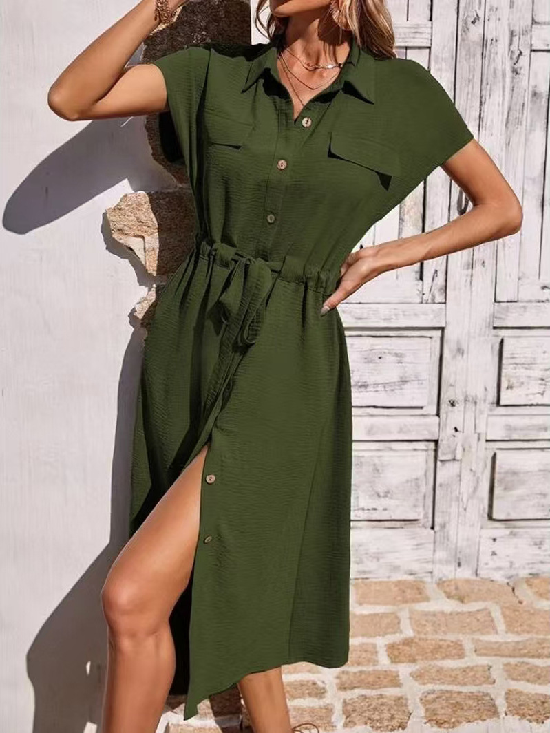 Women's Tie-Waist Polo Shirt Dress Short Sleeve A-Line Midi