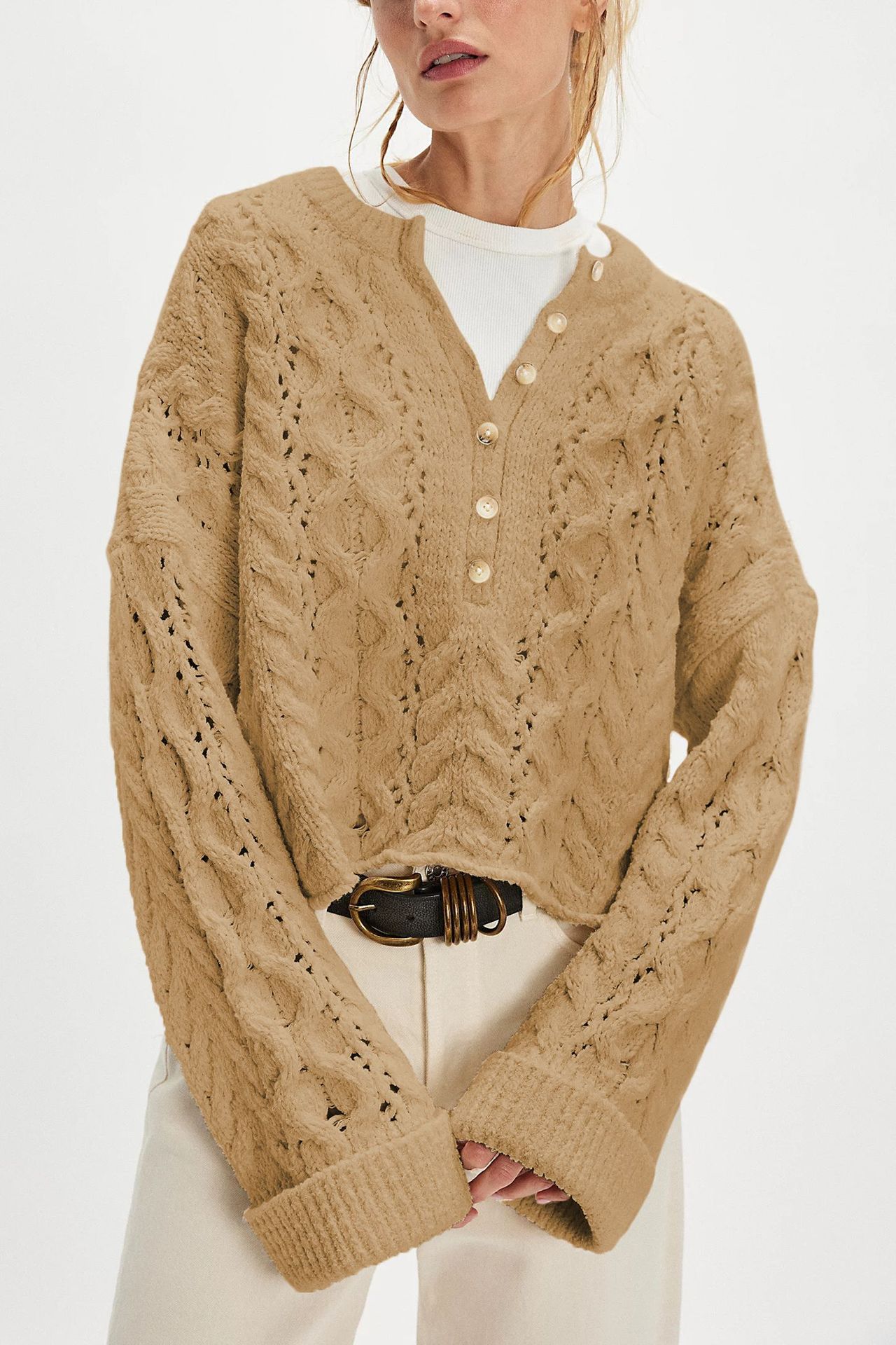 Cable-Knit Button-Trim Pullover Sweater