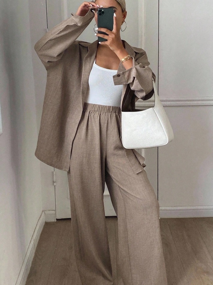 Relaxed Cotton-Linen Long-Sleeve Shirt and Pants Two-Piece Set in Apricot