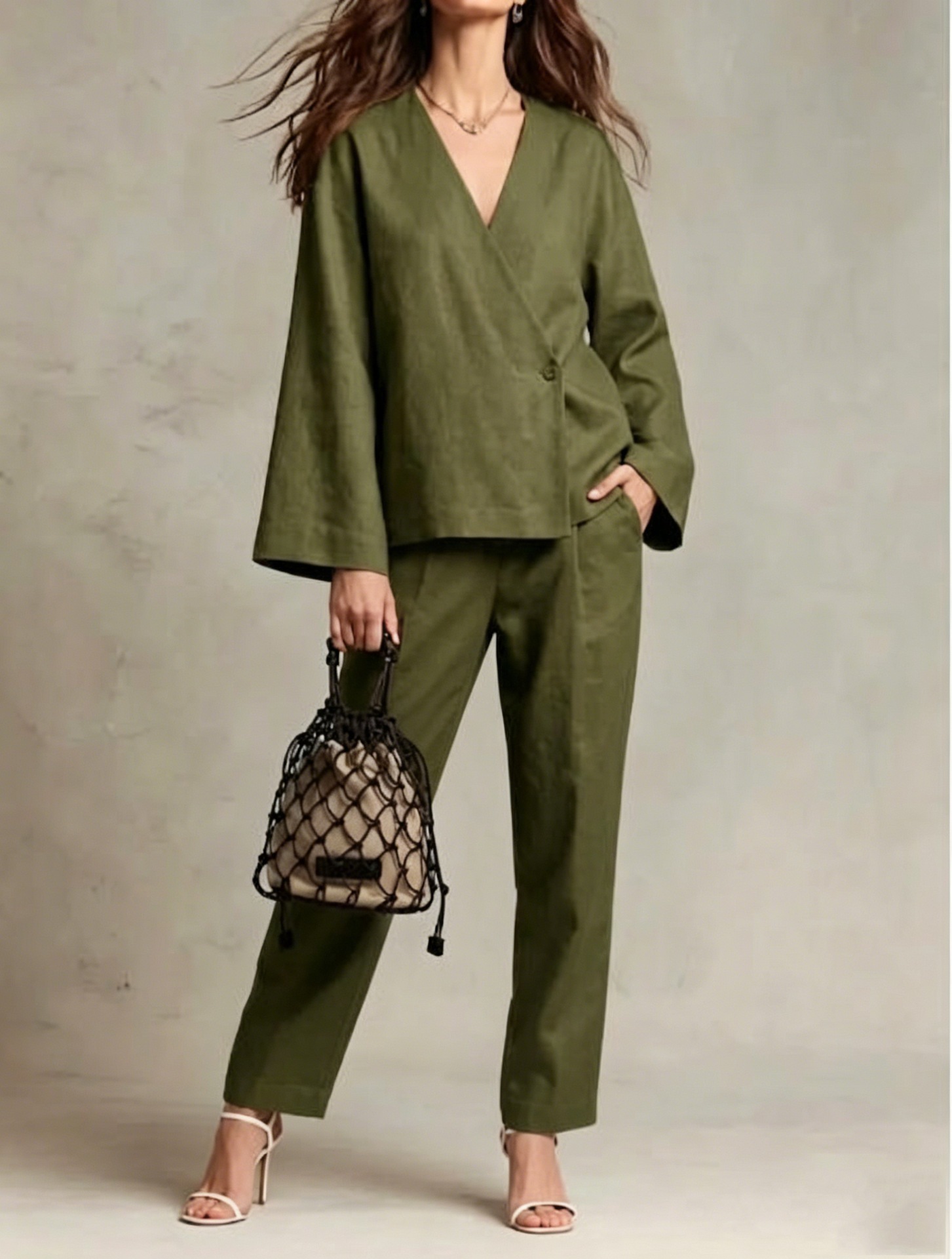 Women's Linen-Blend Button-Front Cardigan and Wide-Leg Pants Set