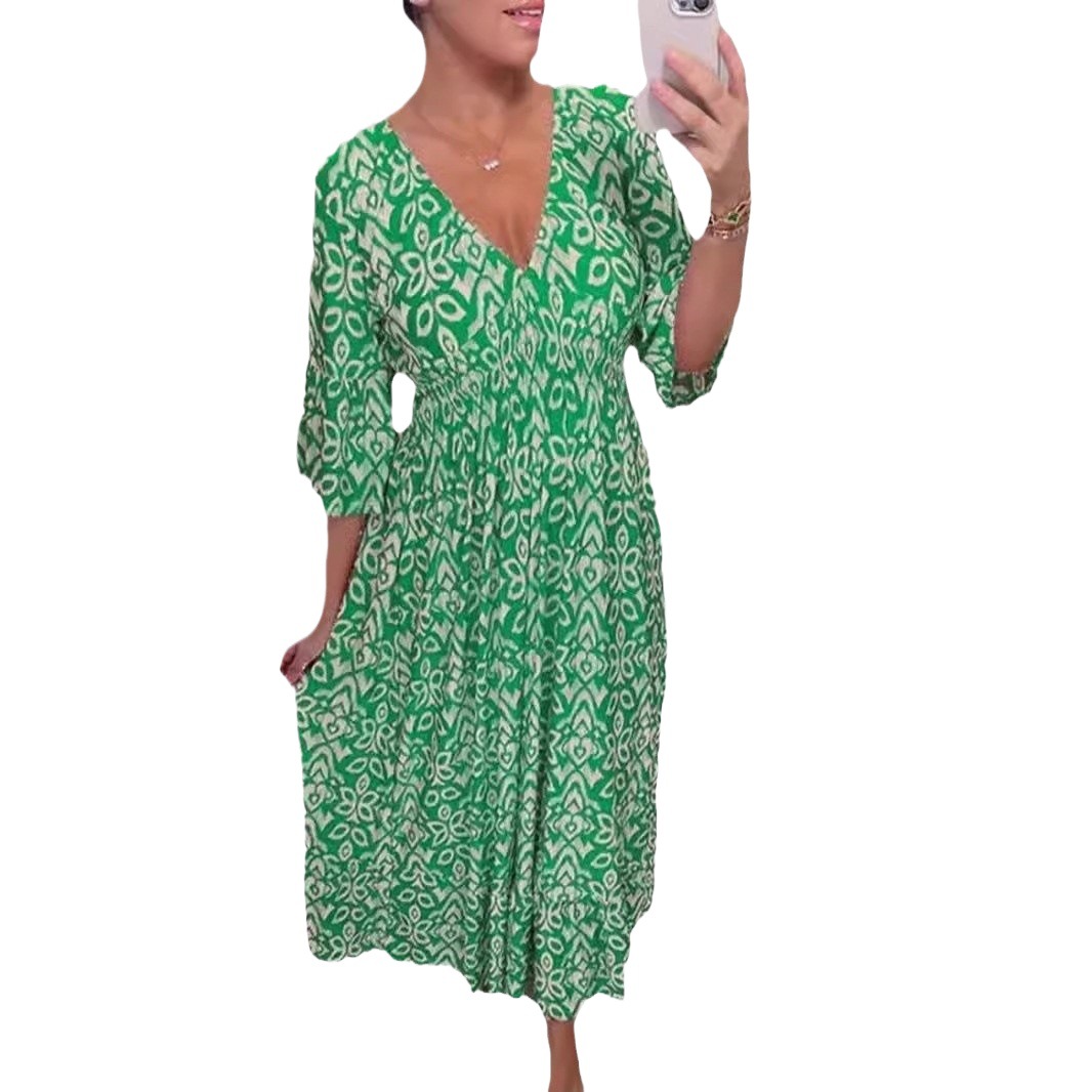 V-Neck Floral Print Loose Midi Dress for Beach Vacation