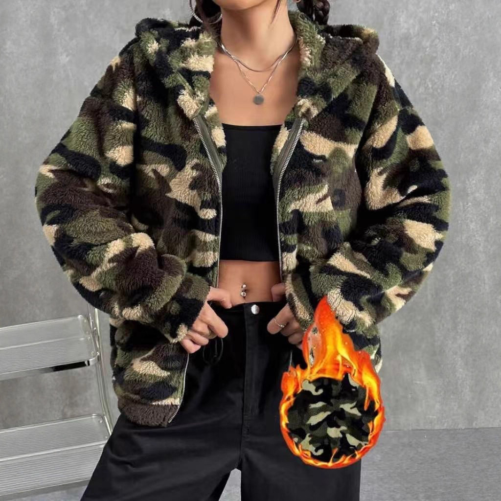 Reversible Camo Fleece Zip Hooded Cardigan Women's Plush Jacket