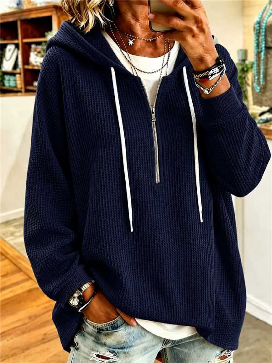 Women's Waffle Knit Drawstring Hooded Sweatshirt Loose Zip-Up Long Sleeve Top