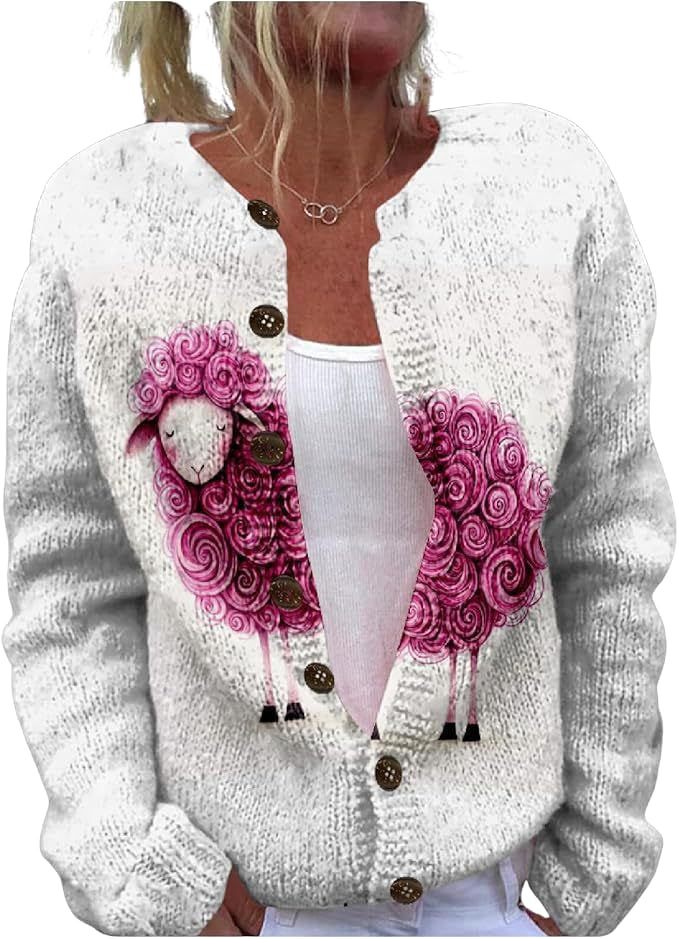 Women's Animal Pumpkin Maple Leaf Print Button Cardigan