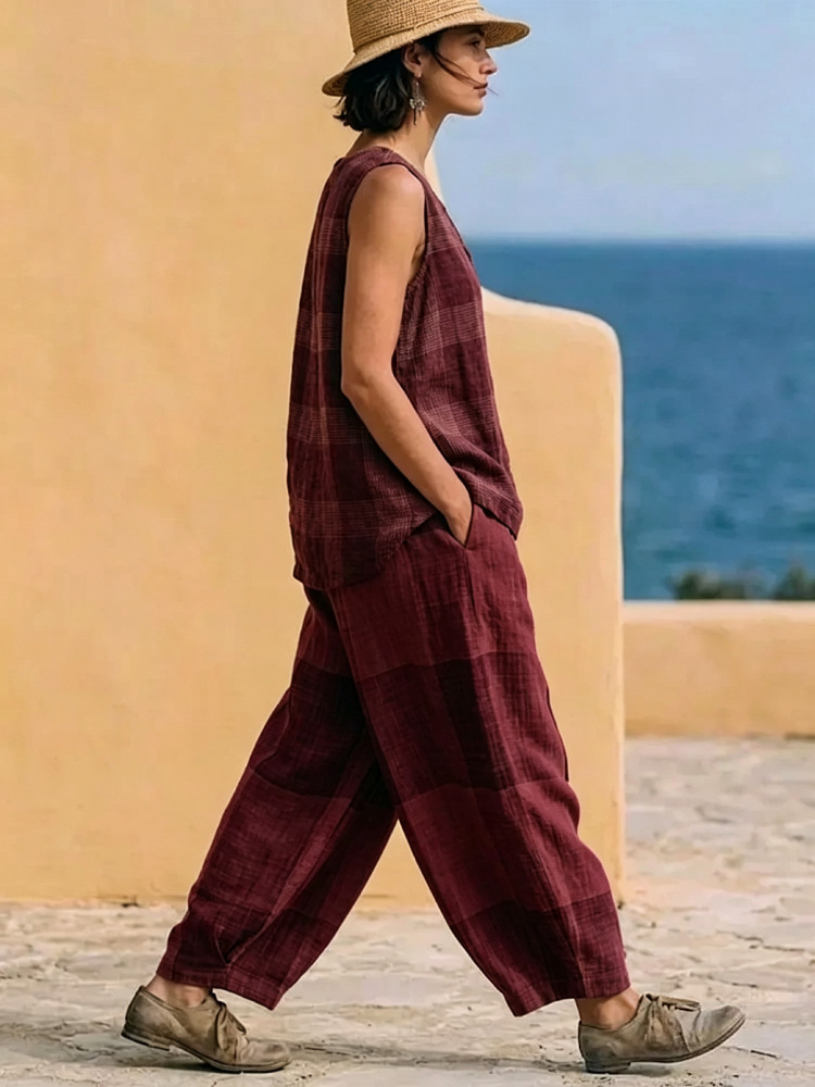 Women's Plaid Sleeveless Top and Wide-Leg Pants Two-Piece Set