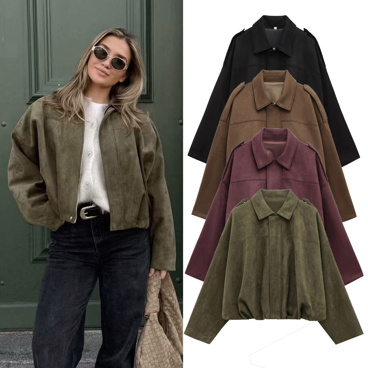 Women's Faux Suede Bomber Jacket with Batwing Sleeves and Zip Front