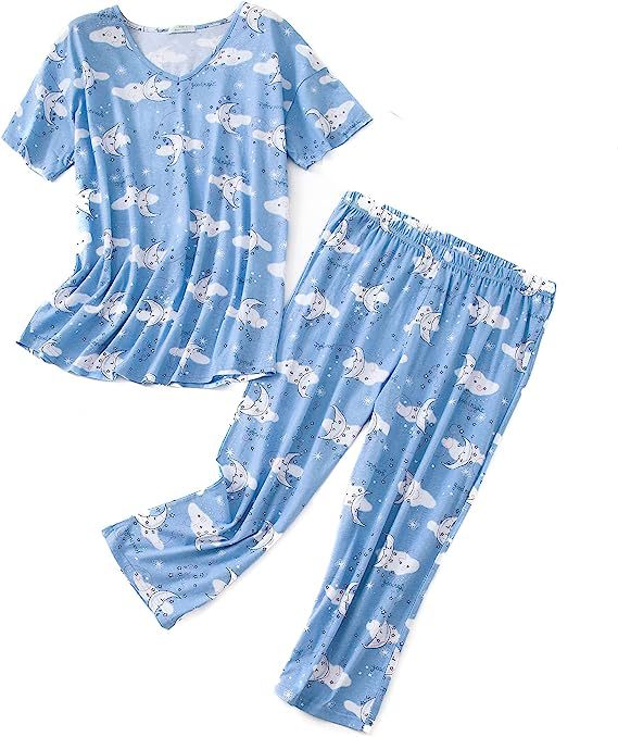 Women's Short Sleeve Capri Pants Pajama Set Knit Cotton Loungewear Plus Size