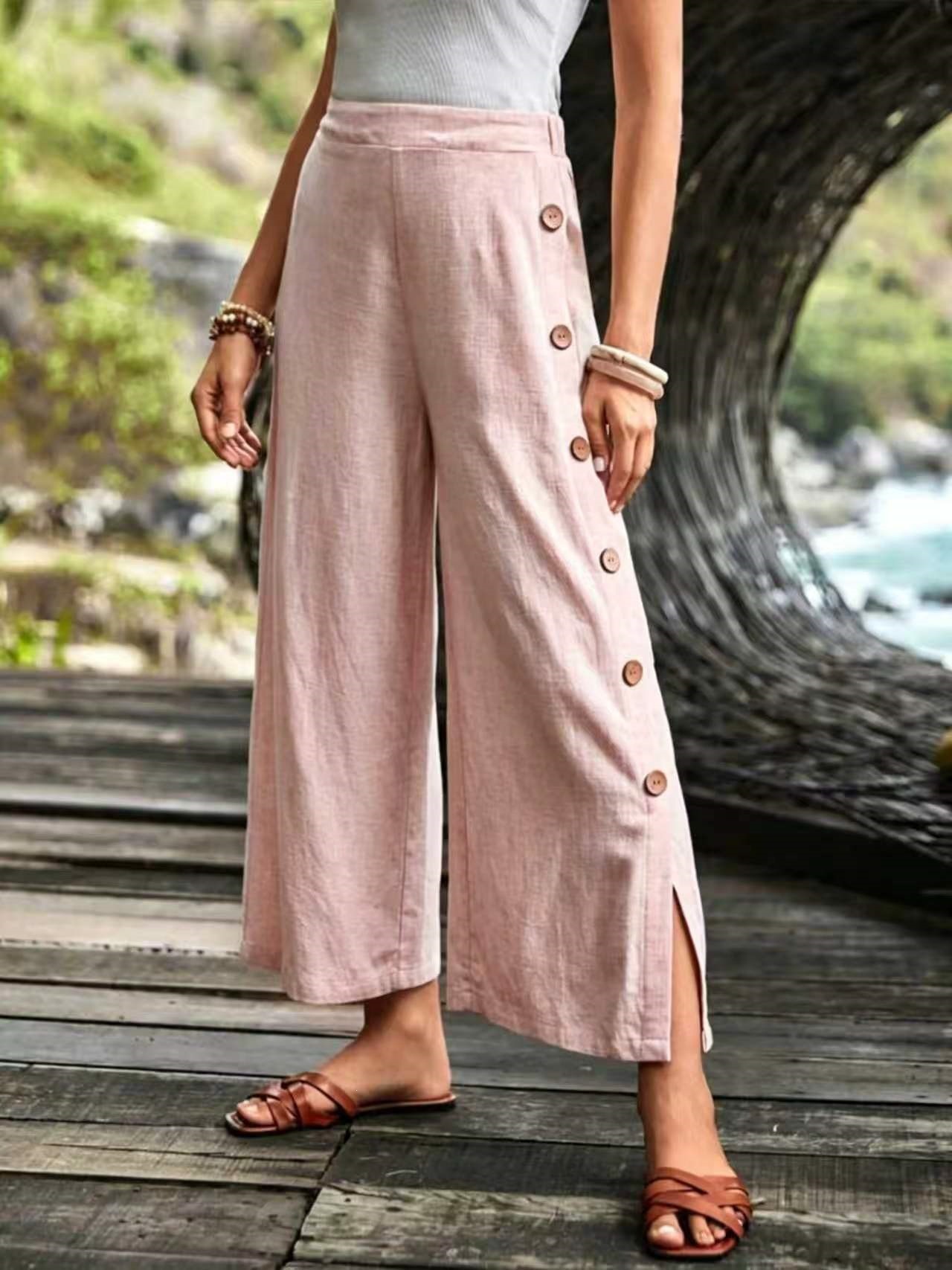 Cotton-Linen Wide-Leg Split Hem Pants