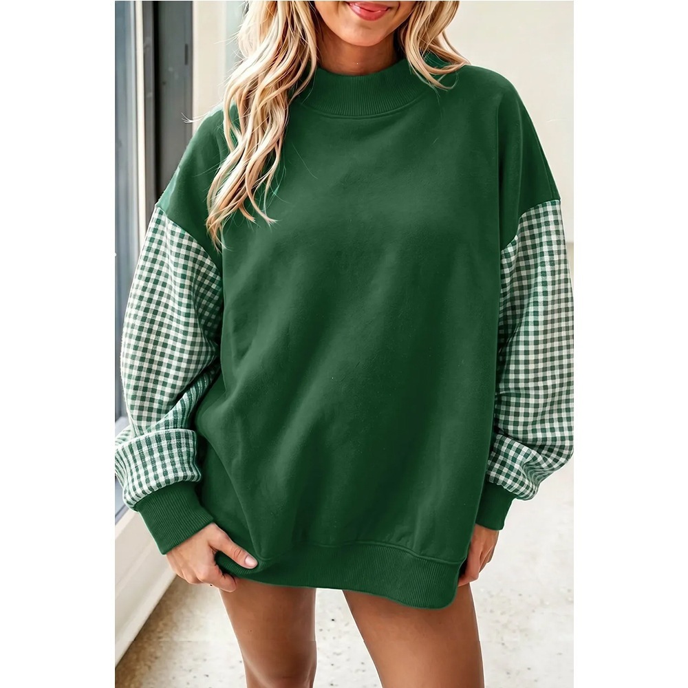 Women's Loose Half-Turtleneck Color-Block Plaid Fleece Sweatshirt