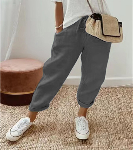 Women's Cotton-Linen Elastic Waist Cropped Pants Casual