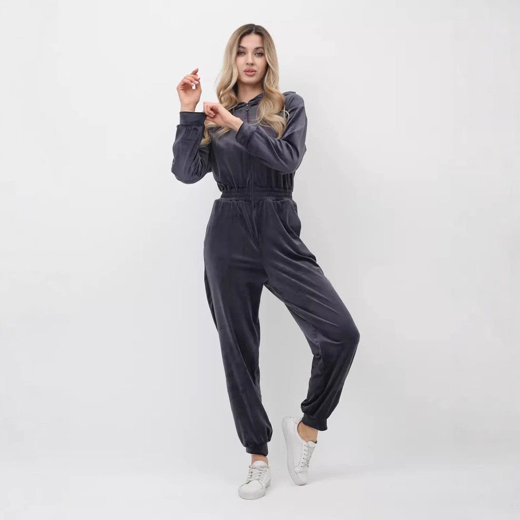 Women's Velvet Long Sleeve Jumpsuit with Half Placket and Elastic Waist