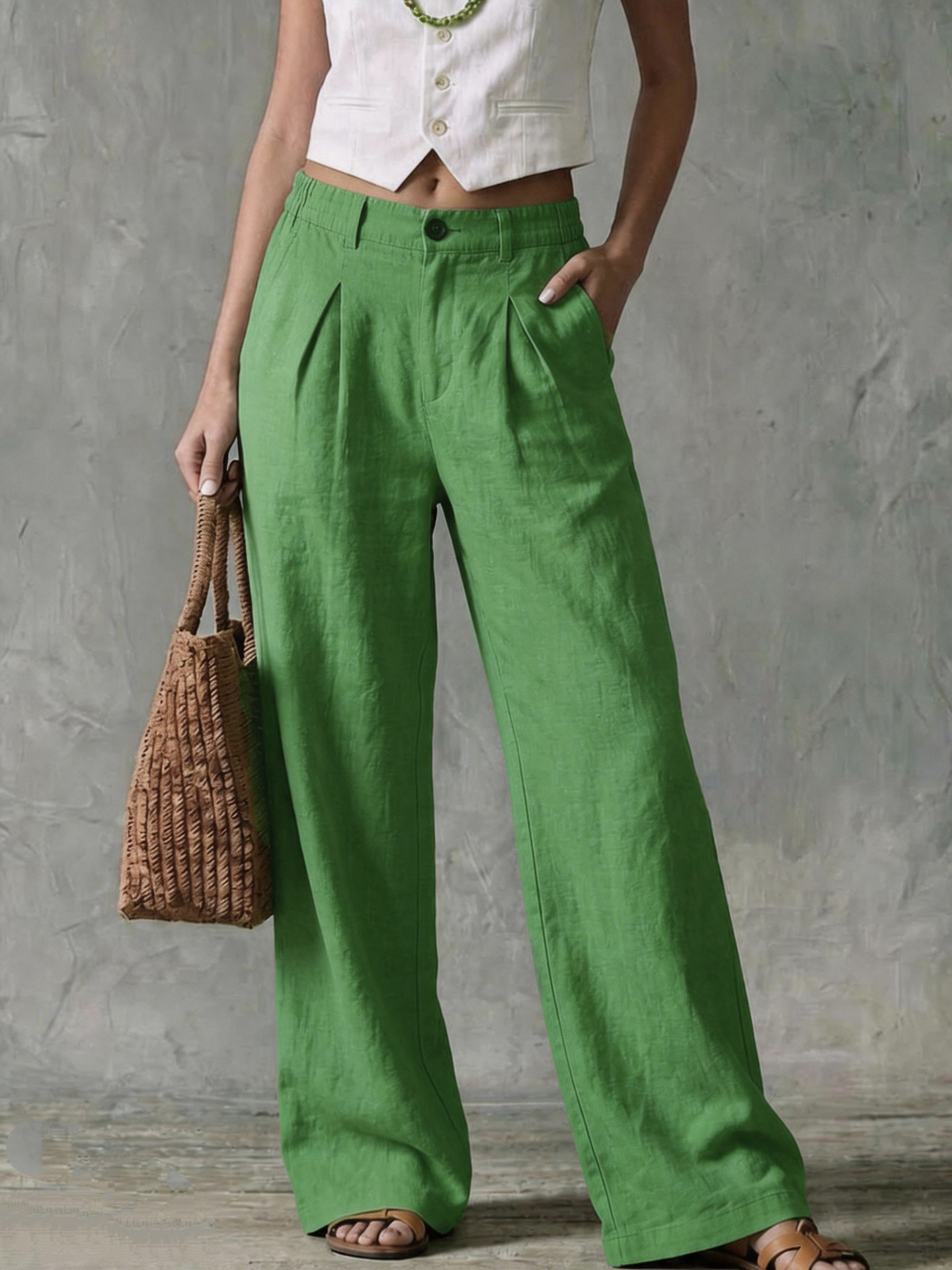 Women's Linen-Blend Wide-Leg Pants High-Waist Solid Casual