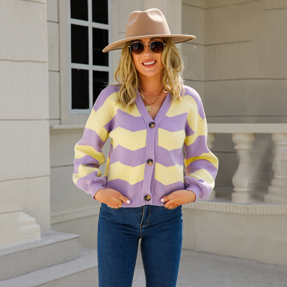 V-Neck Cropped Knit Cardigan with Spliced Design