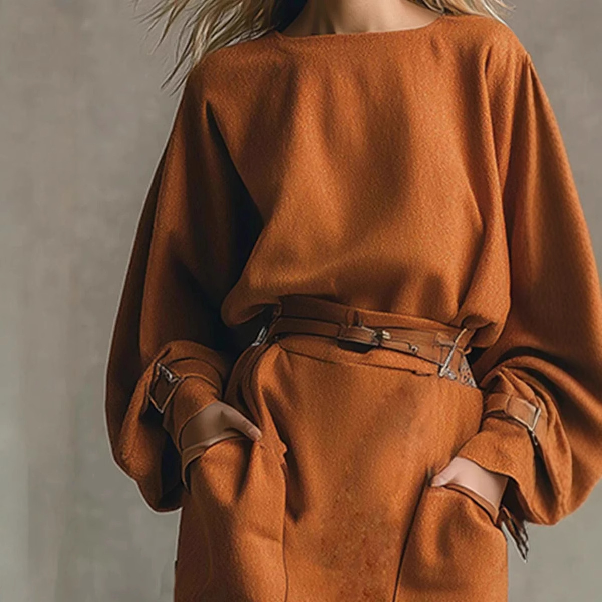 Women's Loose Crewneck Long-Sleeve Top and Pocket Midi Skirt Set