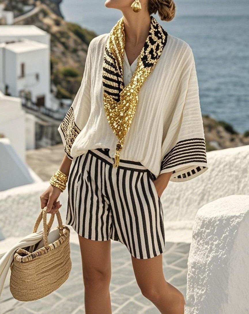 Printed V-Neck T-Shirt and Shorts Set with Faux Linen Look, Relaxed Fit