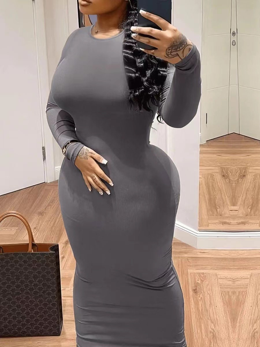Plus Size Solid Color Long Sleeve Bodycon Midi Dress