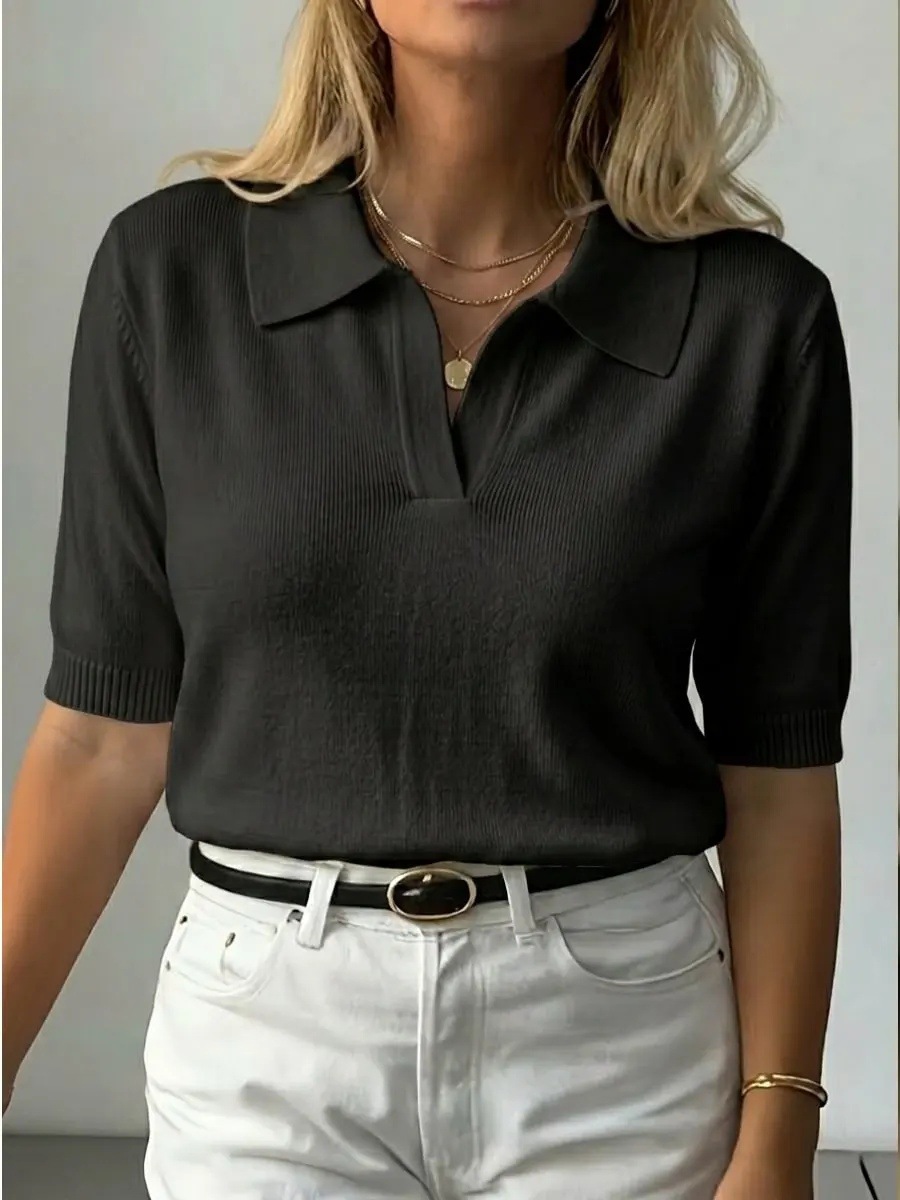 Women's Solid Knit T-Shirt with Shirt Collar and 3D Pattern