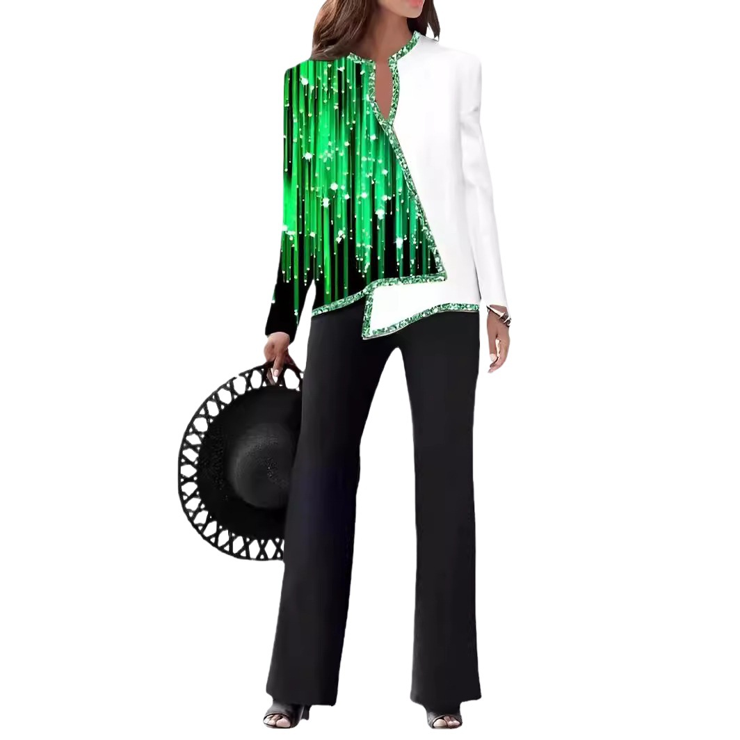 3D Digital Print V-Neck Asymmetric Shirt & Pants Set