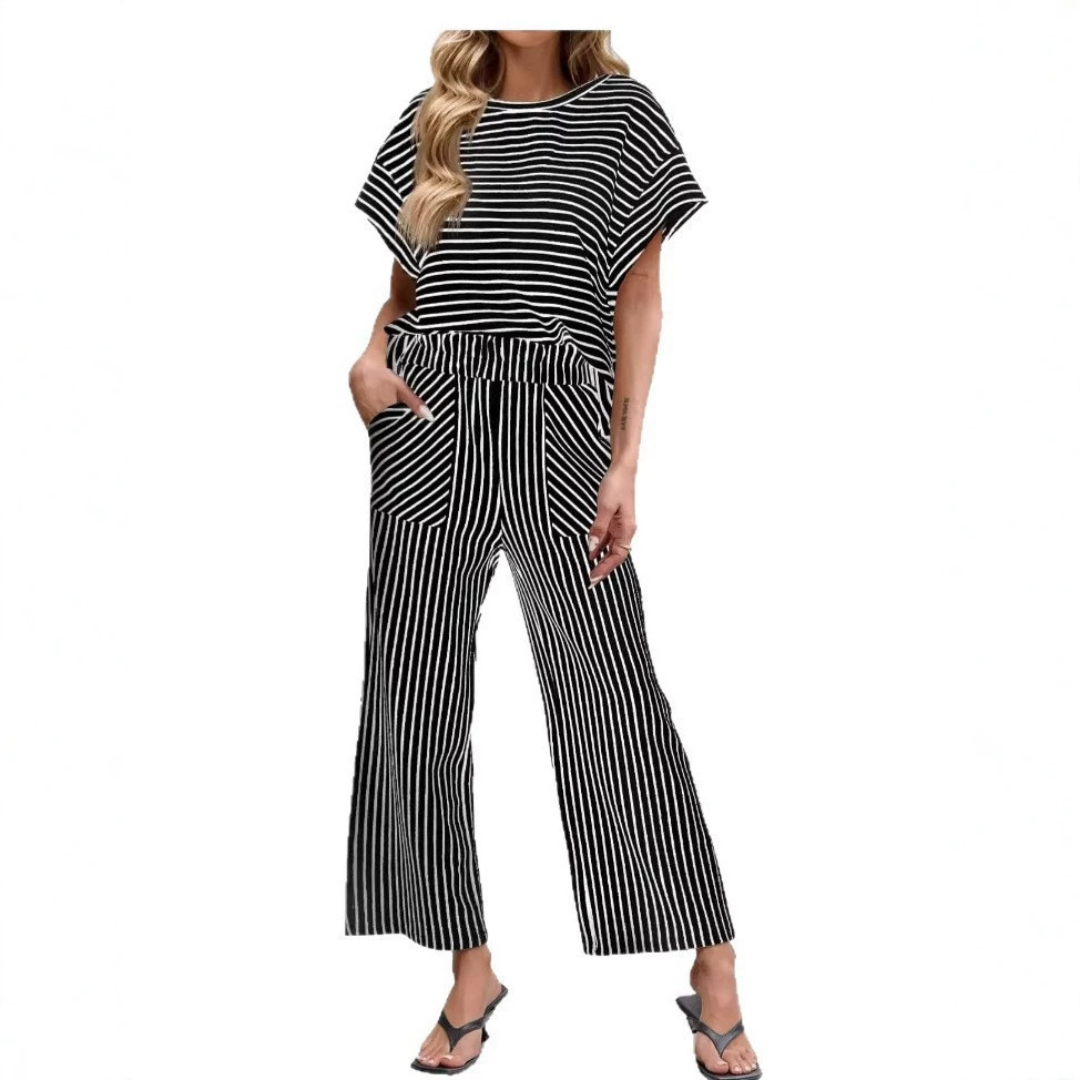 Women's Striped Two-Piece Set Short-Sleeve T-Shirt & Wide-Leg Pants with Pockets