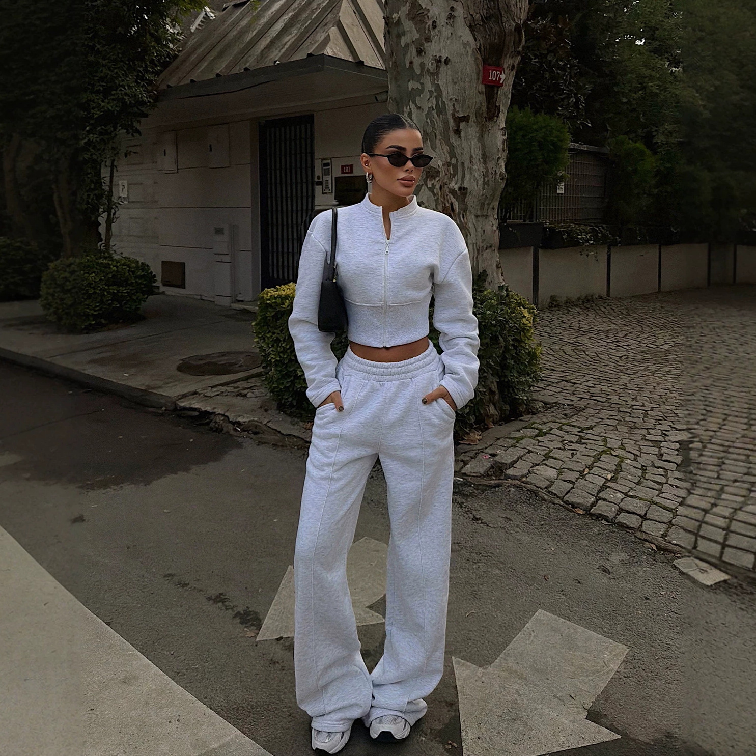 Women's Solid Zip Cardigan & Wide-Leg Pants Set Casual Knit Two-Piece