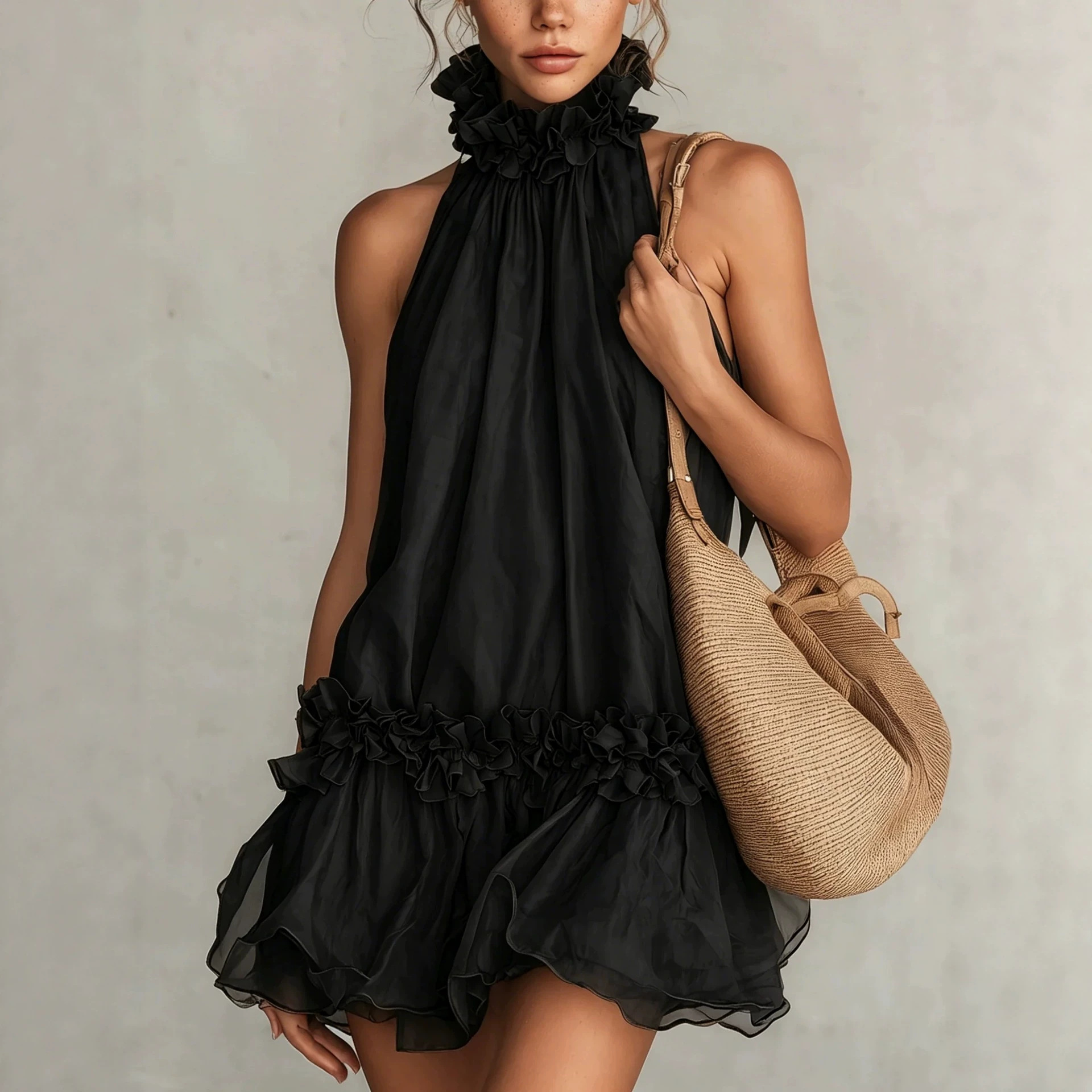 Black Halter Sleeveless Chiffon Mini Dress with Ruffle Trim