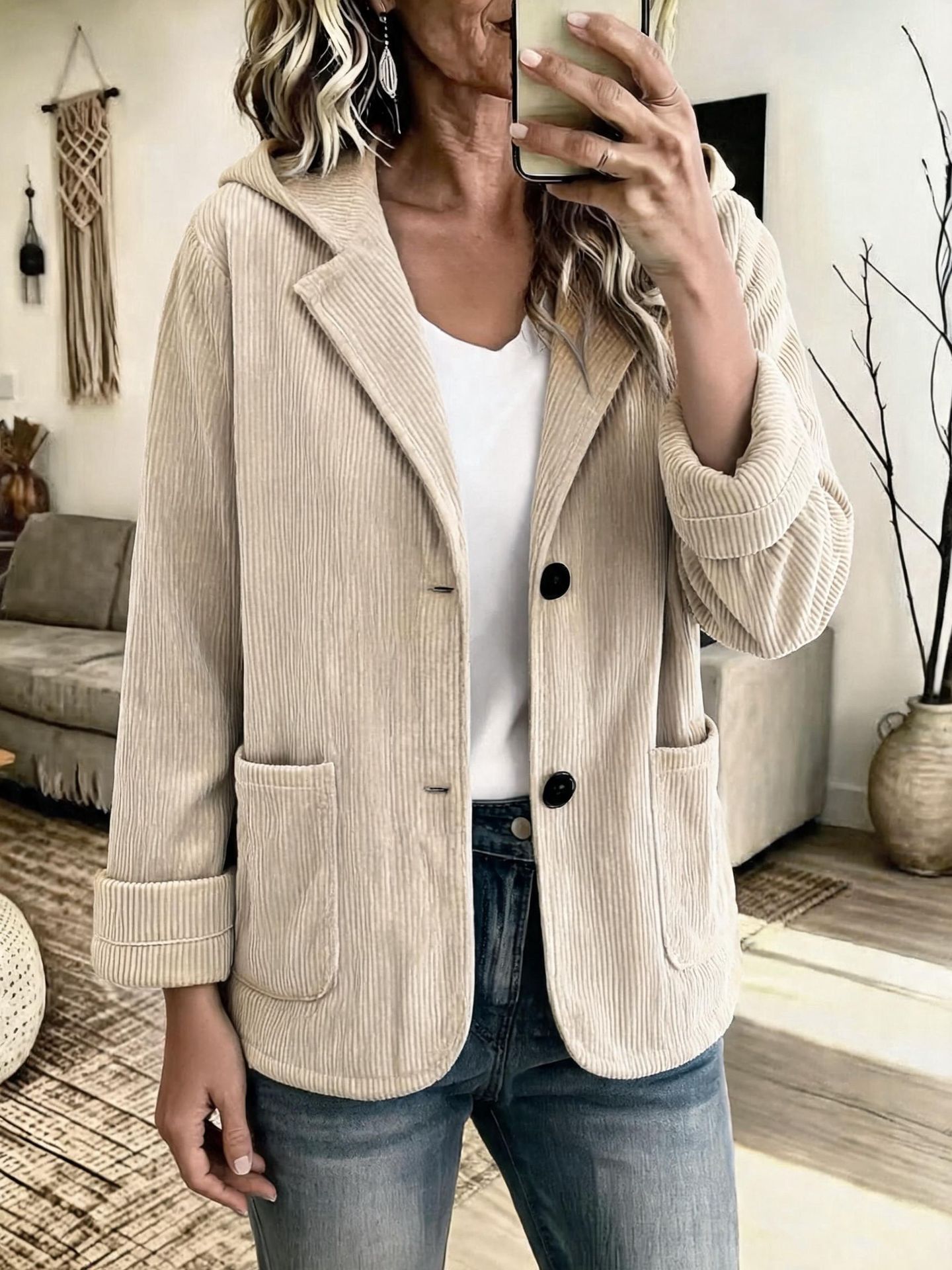 Corduroy Hooded Short Jacket with Lapel Collar
