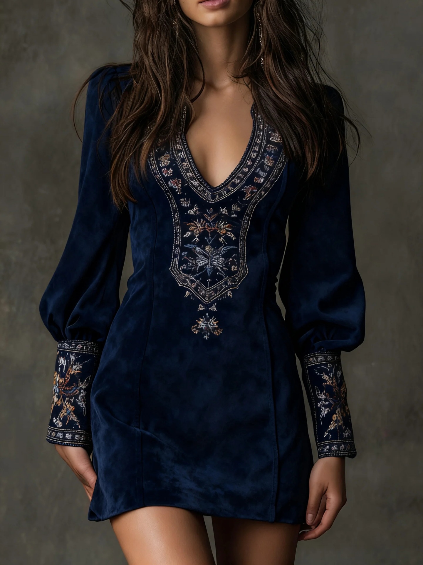 Women's Long Sleeve V-Neck Embroidered Bodycon Mini Dress
