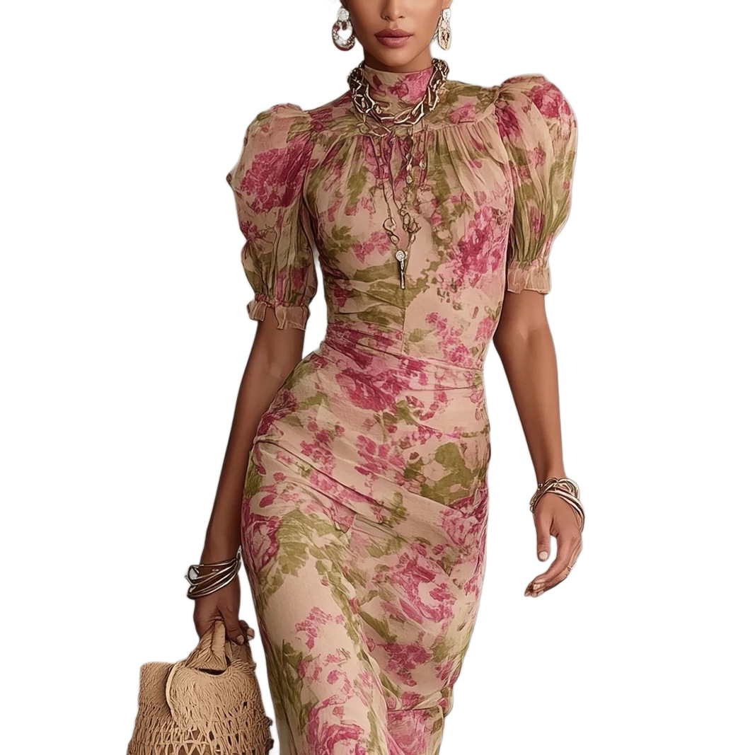 Sexy Mesh Print Mermaid Dress Off-Shoulder Short Sleeve