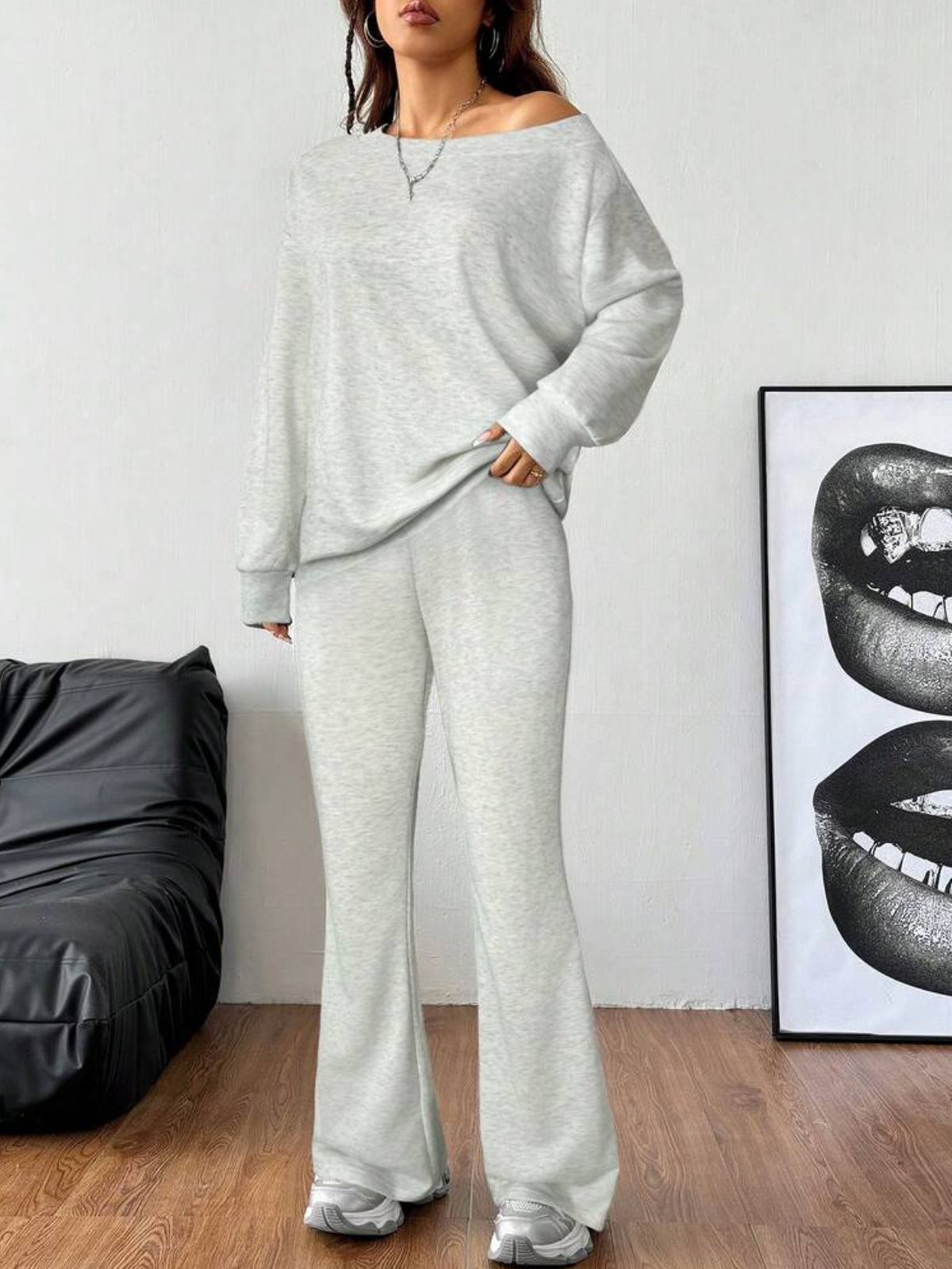 Off-Shoulder Lounge Two-Piece Set with Loose Sweatshirt and Flared Pants