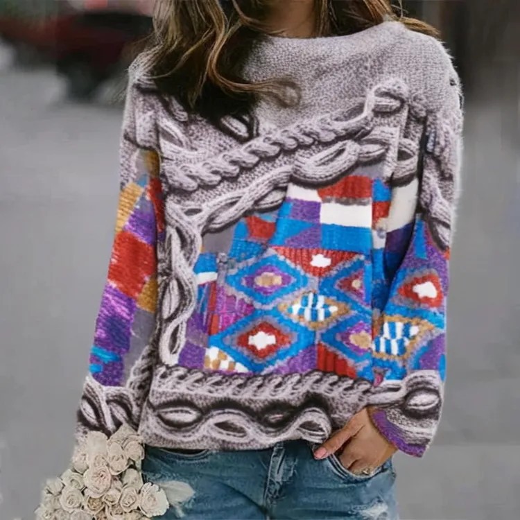 3D Print Women's Sweater Crewneck Pullover Casual Loose Long Sleeve Knit Top