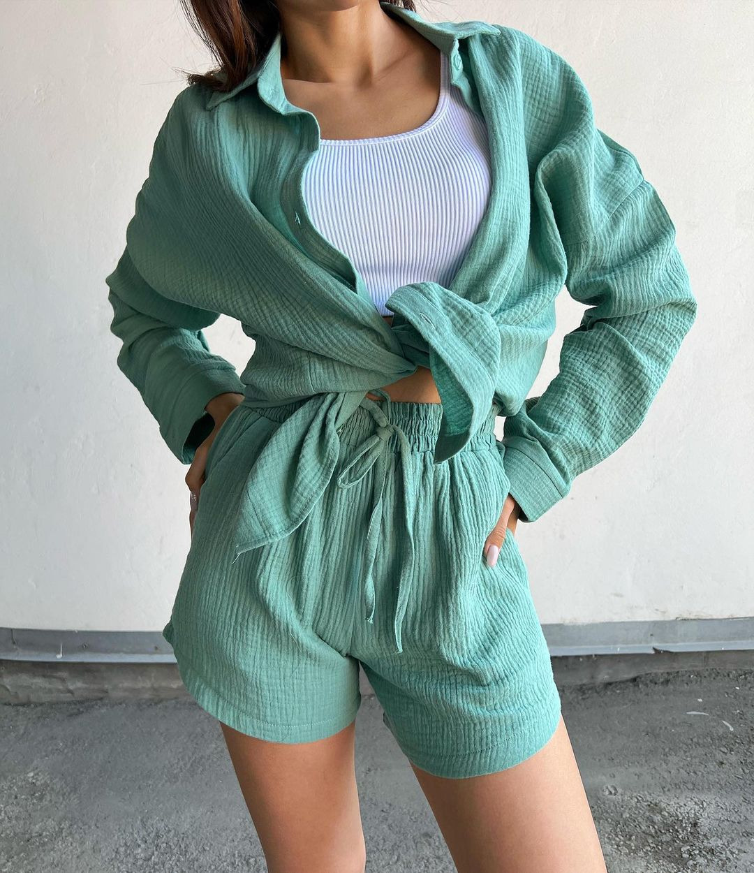 Women's Long Sleeve Button-Down Shirt and Shorts Set