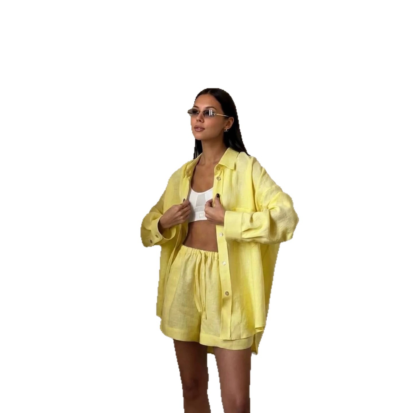 Women's Loose Long Sleeve Button Shirt and Shorts Two-Piece Set Casual Solid Color