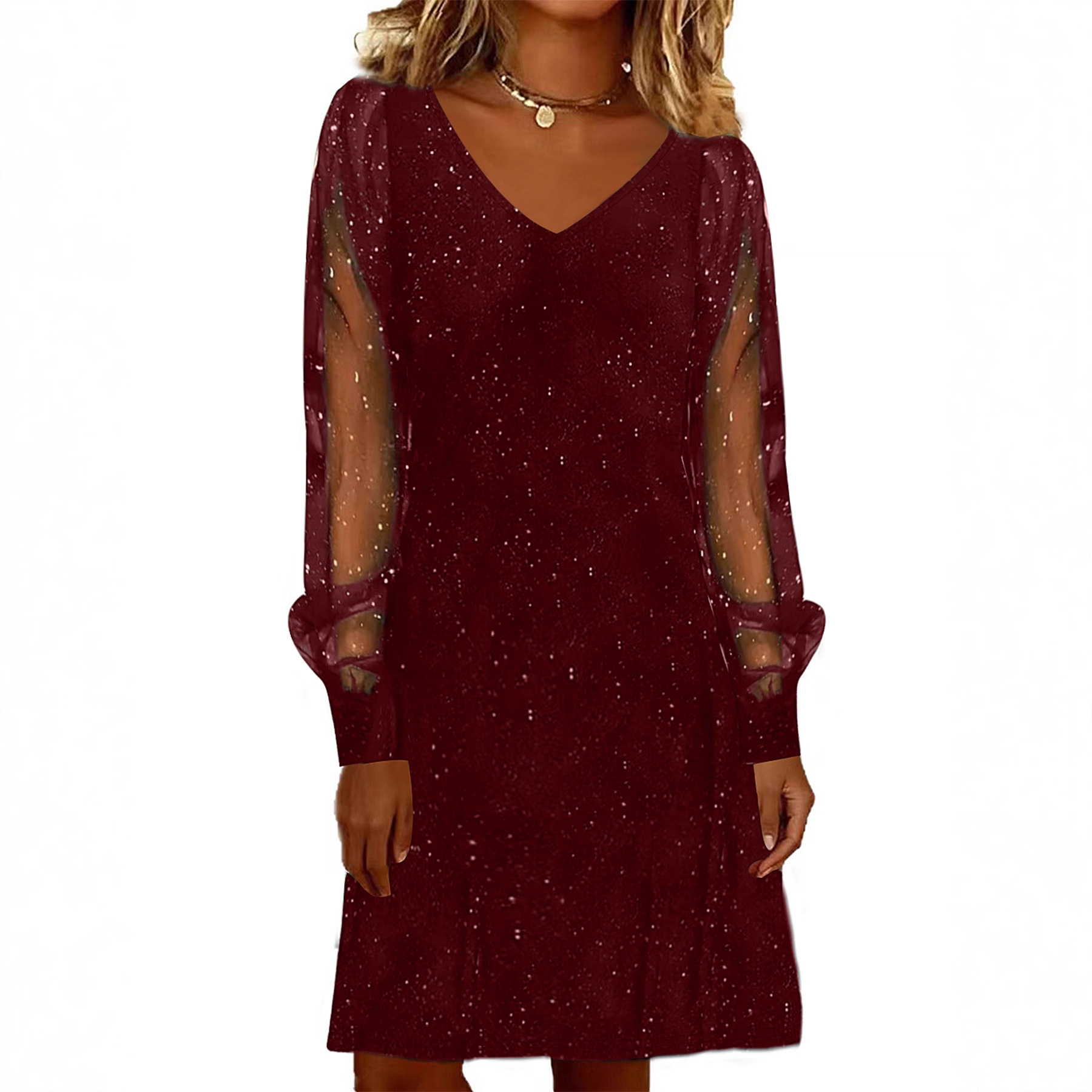 Starry Sky V-Neck Mesh Sleeve Midi Party Dress