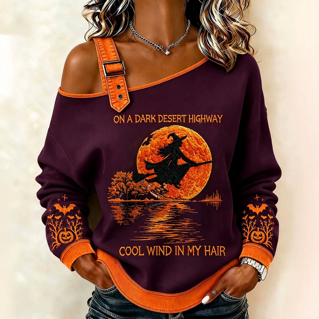 Halloween Witch Broom Print Crewneck Long-Sleeve Lace-Up Sweatshirt