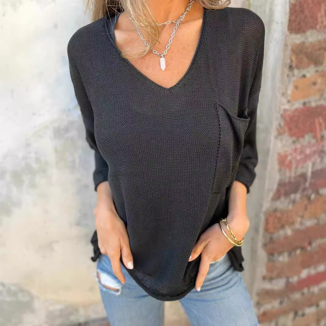 V-Neck Long-Sleeve Pocket Knit Sweater Top