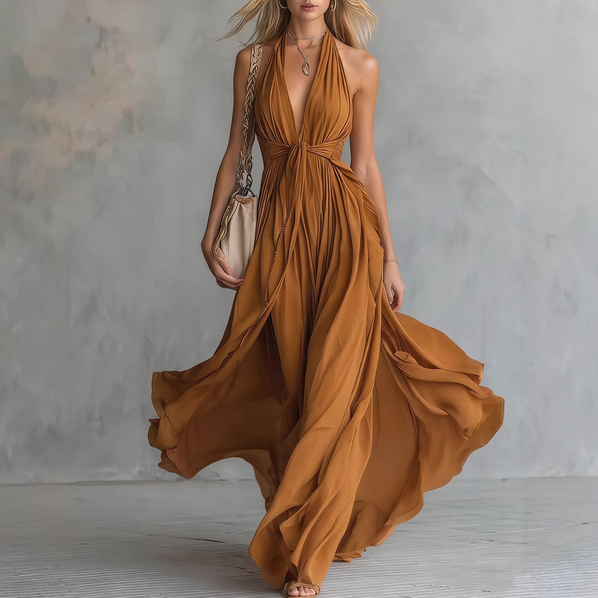 Women's Sexy Solid V-Neck Sleeveless High-Waist Midi Dress Vacation Style