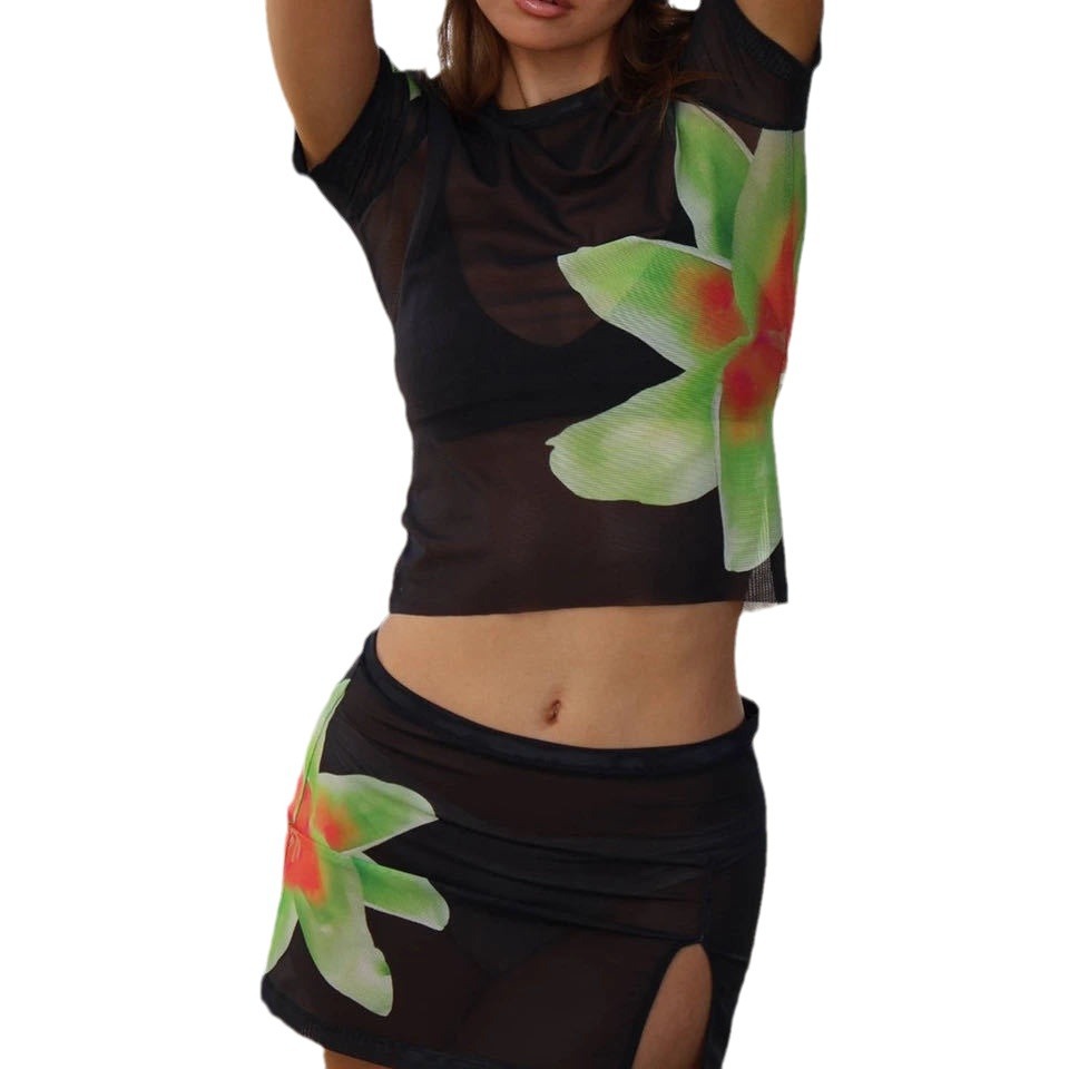Floral Print Sheer Short Sleeve T-Shirt and Slit A-Line Mini Skirt Two-Piece Set