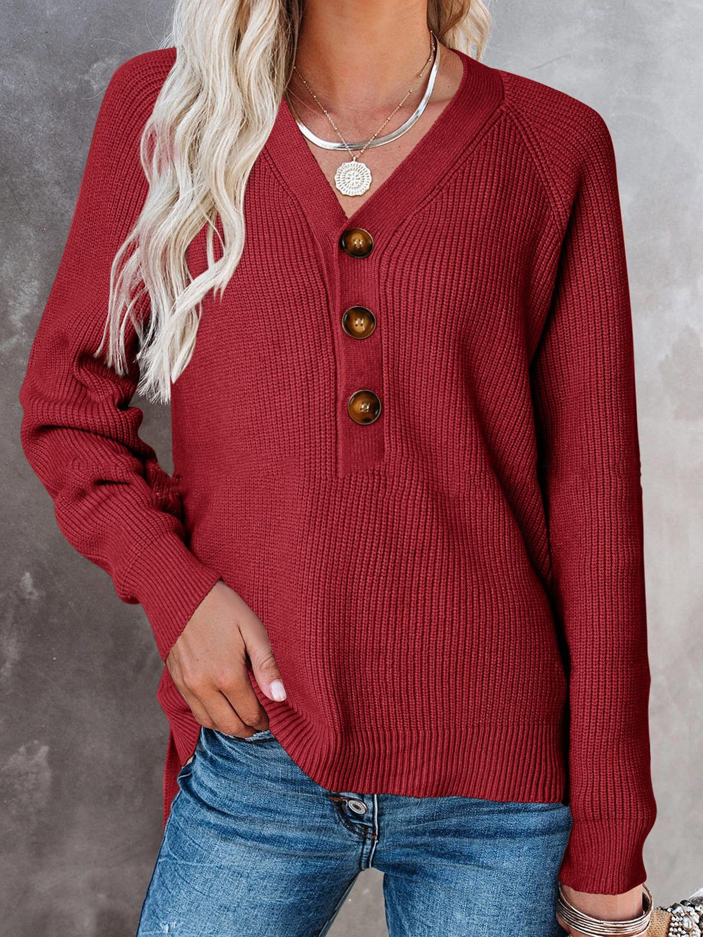 Button-Front V-Neck Knit Sweater for Women, Cotton Blend, Loose Fit, Long Sleeve