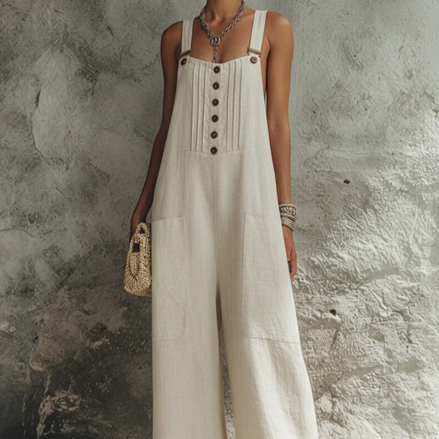 Women's Woven Button Sleeveless Wide-Leg Jumpsuit with Open Back and Pockets