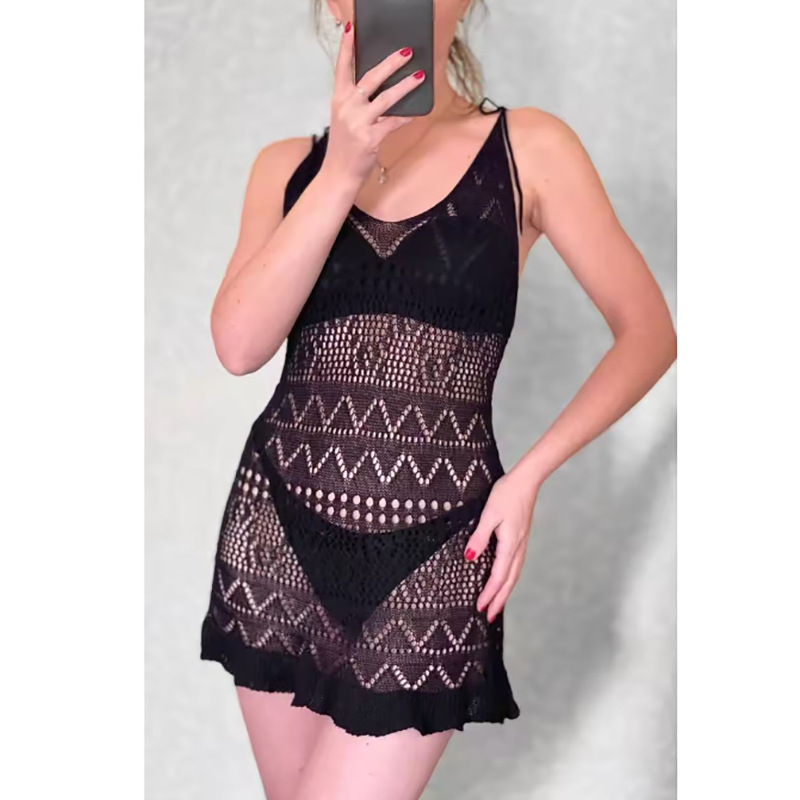 Women's Knit Cami Dress Deep V Sheer Hollow-Out Floral Hem Beach Dress