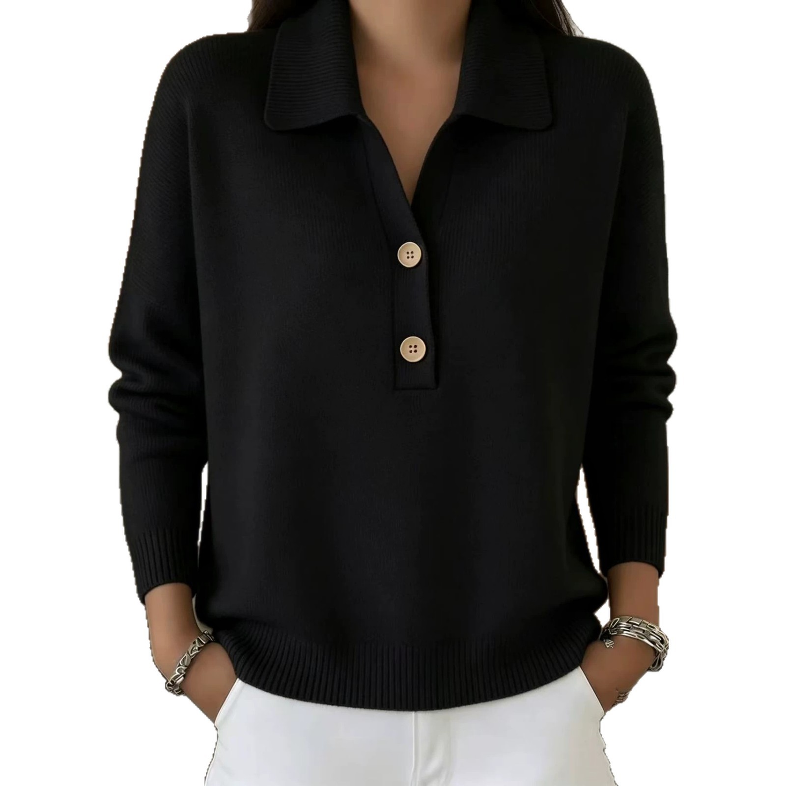 Women's Knit Sweater with Collar and Button Half-Placket Loose Casual