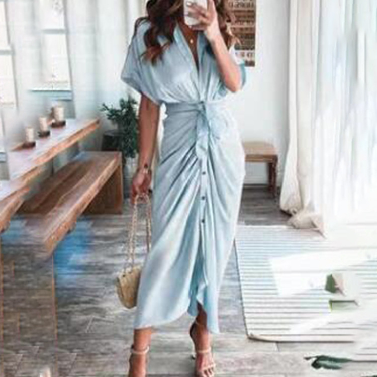 Elegant Short Sleeve Solid Knot High Waist A-Line Long Dress