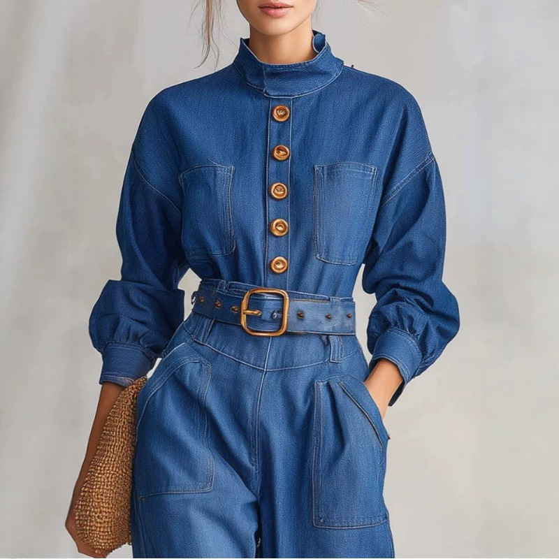 Retro Denim Long-Sleeve Rolled-Cuff Jumpsuit