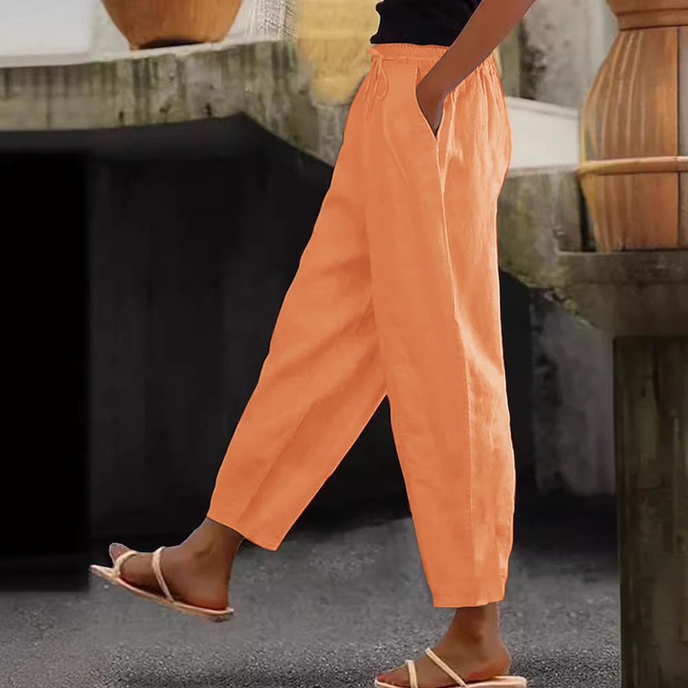Women's Cotton-Linen Blend Solid Color Casual Pants with Side Pockets and Drawstring