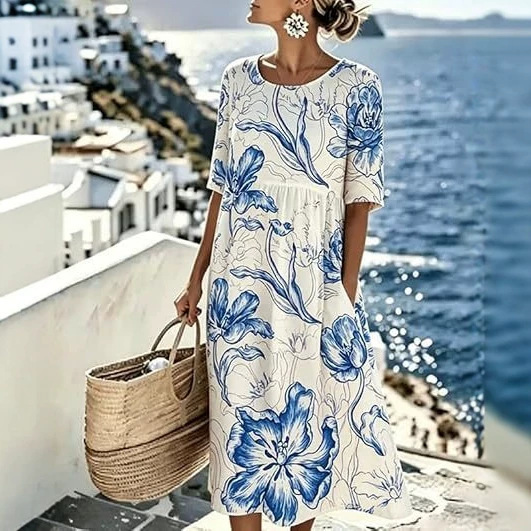 Women's Floral Print Midi Dress with Pockets