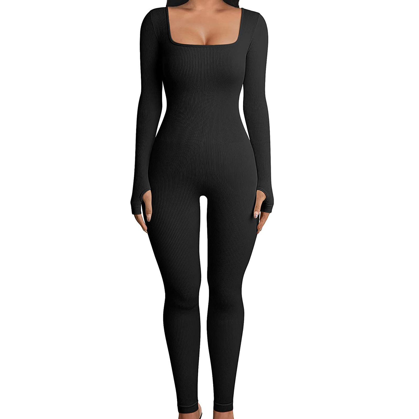 Ribbed Square Neck Butt-Lifting Slim Fit Yoga Jumpsuit for Women