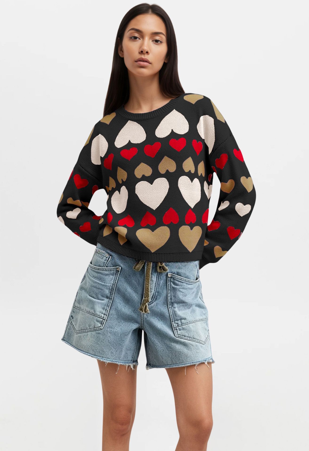 Women's Heart Pullover Sweater Long Sleeve Crew Neck Colorblock