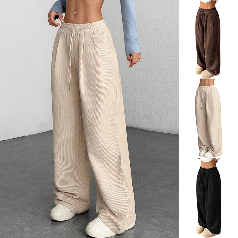 Corduroy Wide-Leg Casual Pants for Women, Loose High-Waist Streetwear