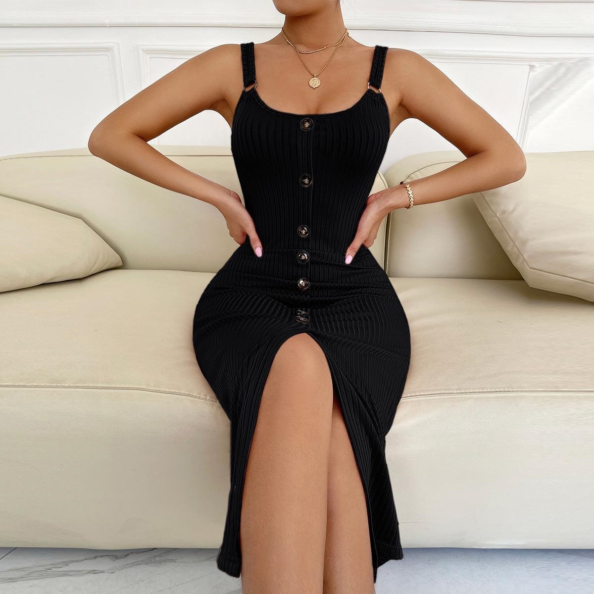 Sleeveless Knit Bodycon Midi Dress with Slit and U-Neck